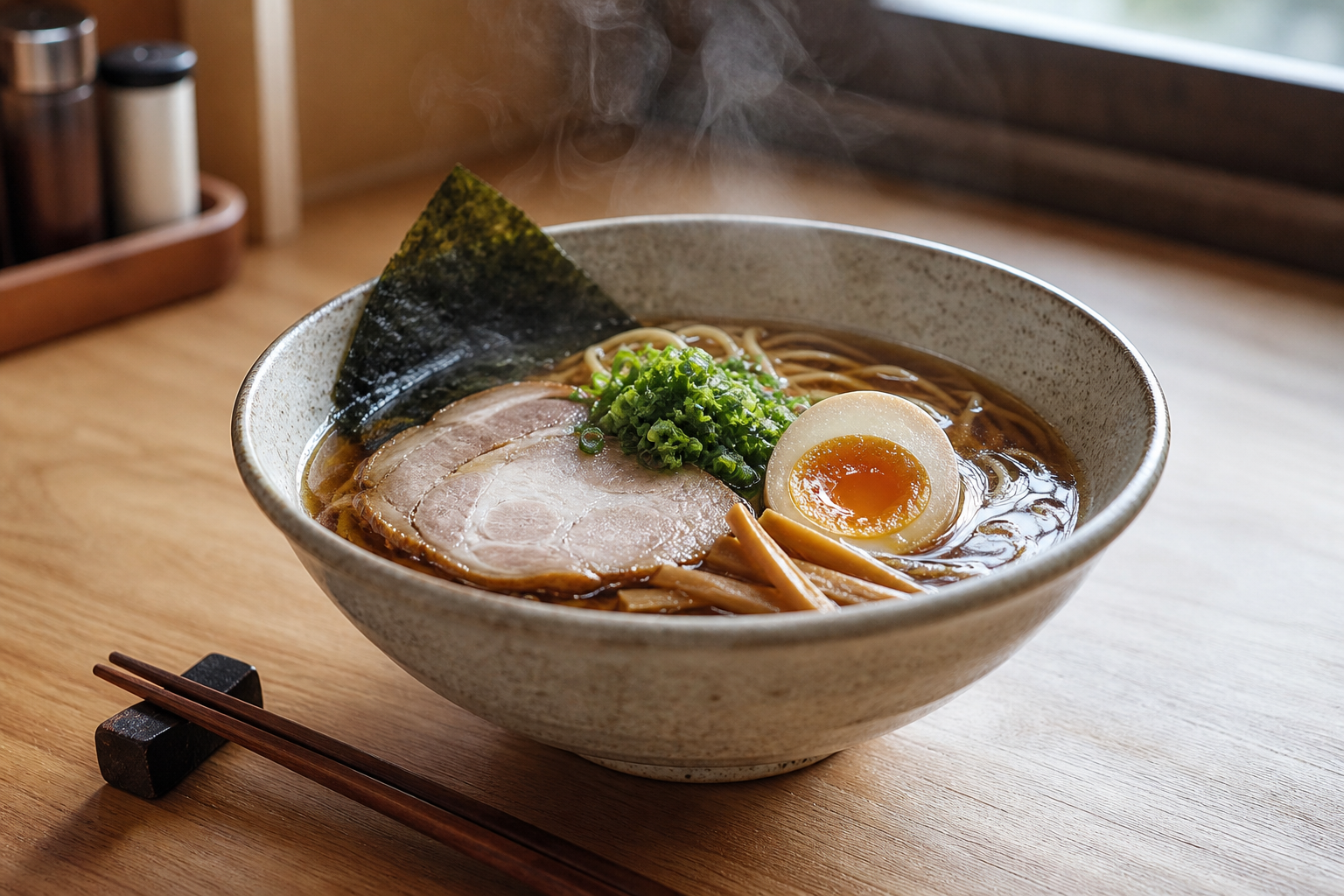 醤油らぁ麺の一杯。澄んだスープと麺の質感が伝わる接写